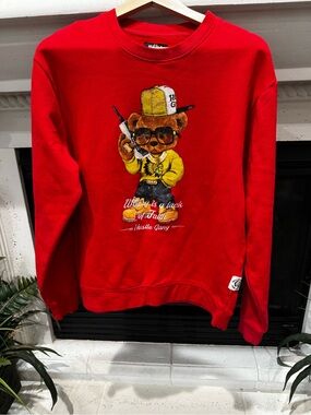 Hustle Gang Red Crewneck with Teddy Bear Graphic